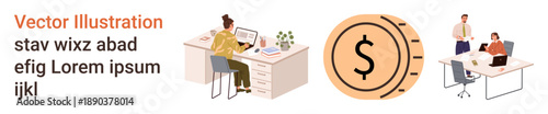 Office work culture, finance management, economy, teamwork, business planning, and workplace collaboration. People working at desks and a dollar coin icon. Finance and teamwork concept