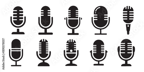 Vintage Microphone Icons Collection. Retro Studio Broadcast Audio Recording Equipment.