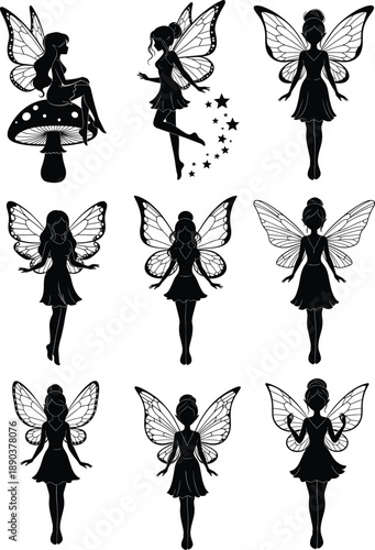 Elegant Fairy Silhouettes with Intricate Butterfly Wings in Magical Poses, Floating, Standing, and Sitting on Mushroom in Fantasy Realm
