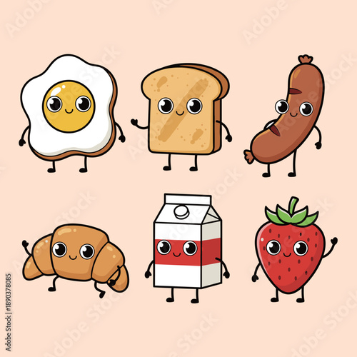 Cute Kawaii Breakfast Food Character Set with Smiling Fried Egg Toast Sausage Croissant Milk Carton and Strawberry Isolated on Plain Background