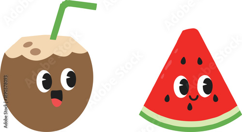 Cute Anthropomorphic Coconut and Watermelon Slice Characters for Summer Tropical Fruit Theme and Healthy Refreshing Food Cartoon Illustration Design