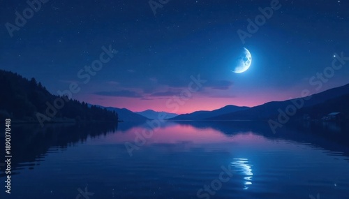 Night sky, half-moon reflected in calm water, scenic landscape, lake, evening, twilight