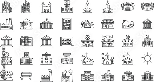 Vector Line Art Icon Set of Urban Architecture and Public Infrastructure Featuring Skyscrapers Hospitals Schools Factories Churches Stadiums and City Landmarks