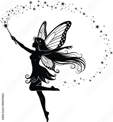 Enchanted fairy silhouette dancing with butterfly wings casting starlight magic across a celestial night of dreams wonder and eternal imagination