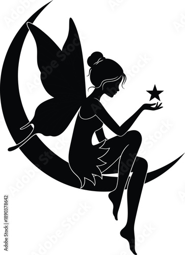 Fairy on Crescent Moon Holding Star. Whimsical Silhouette of Magic, Wonder, Grace, and Dreamlike Fantasy in Nighttime Enchantment