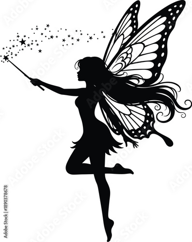 Graceful Fairy Silhouette with Flowing Hair and Butterfly Wings Casting Stars from Wand While Floating in Magical Night Sky