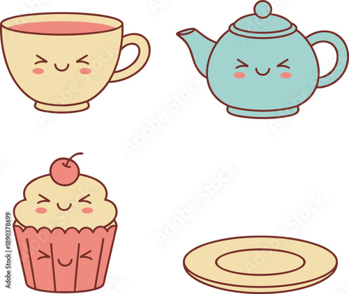 Sweet Tea Party Time Collection with Cute Kawaii Cup Teapot Cupcake and Plate Characters Featuring Cheerful Smiling Faces and Soft Pastel Tones