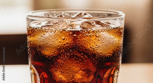 Bubbling brown soda with ice cubes in a clear glass, on a wooden surface
