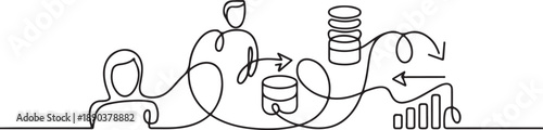 A continuous line drawing depicting a comprehensive data processing workflow from user to analytics Vector