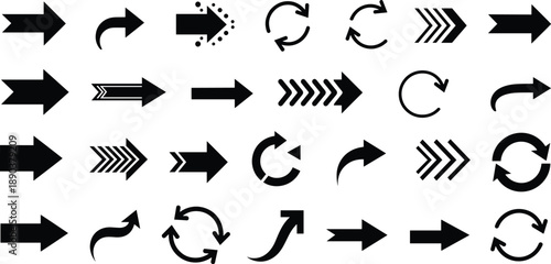 Arrow icons set collection, navigation directions, refresh and reload symbols, forward backward arrows, minimal black vector illustration