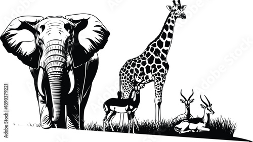 African wildlife animals illustration, elephant giraffe and antelope silhouettes, safari nature scene, black and white vector art isolated