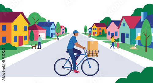 Courier delivering package by bicycle in suburban neighborhood