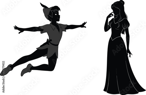 Peter Pan’s Flight Meets Princess Grace. A Silhouetted Moment of Fantasy, Wonder, Contrast, and Timeless Storybook Charm in Motion