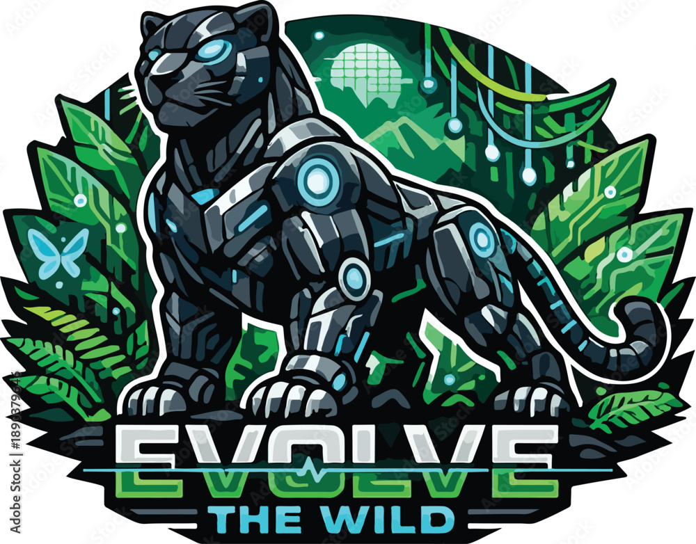 Obraz premium Cyborg panther evolves in futuristic jungle with circuitry and leaves