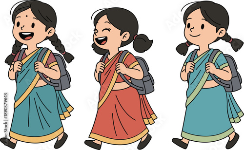 Indian schoolgirls walking with backpacks wearing traditional saree, education lifestyle concept, cultural diversity, cute cartoon illustration