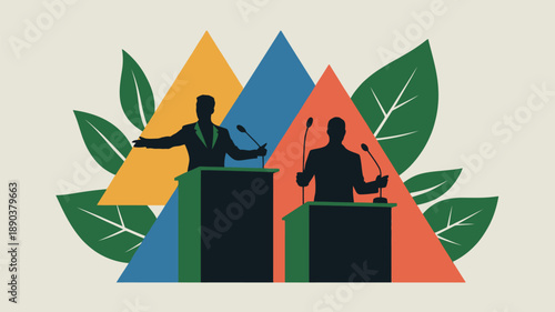 Two men debating at podiums with colorful triangles and leaves