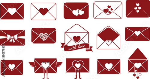 Romantic love envelope icon set with heart symbols, mail message collection, black and white vector illustration