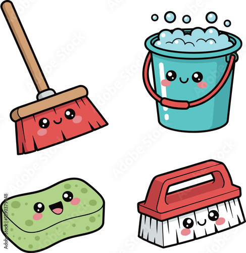 Cleaning Supplies Collection with Cute Kawaii Broom Bucket Sponge and Brush Characters for Household Chores and Hygiene Concept