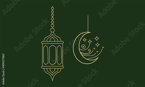 Elegant hanging lantern and crescent moon isolated on white background, Vector