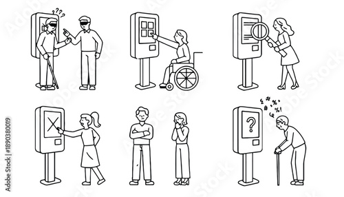 A diverse group of people interacting with various automated machines