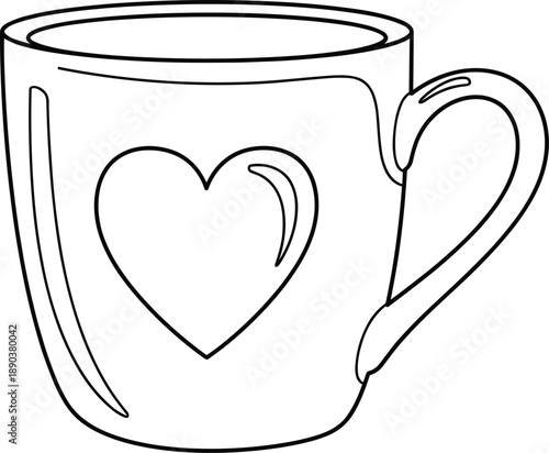 Black Line Art Vector Illustration of a Coffee Mug Featuring a Large Heart Symbol for Romantic Cafe Branding Valentines Day Decor and Simple Morning Coffee Graphics