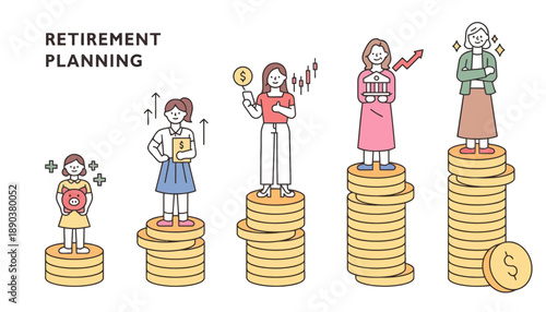 A cartoon illustration of women standing on stacks of coins for retirement planning