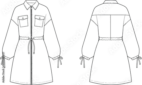Women long sleeve dress technical drawing, front and back view, fashion flat sketch, zipper waist detail illustration
