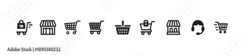 Set of e-commerce icons featuring shopping cart, retail store, and customer service headset for online business