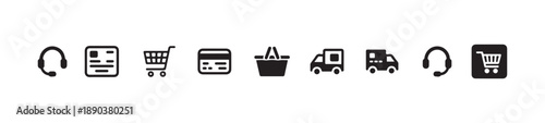 Collection of e-commerce symbols including headphones, credit cards, shopping cart, basket, and delivery trucks