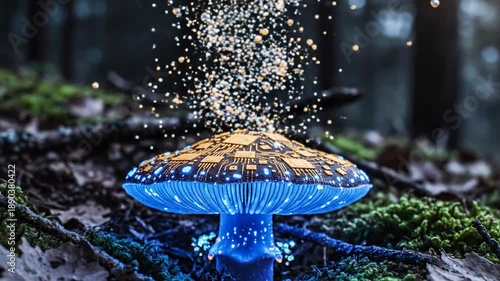 Wallpaper Mural Bioluminescent blue mushroom with circuit-like gold patterns grows on mossy forest floor, particles Torontodigital.ca