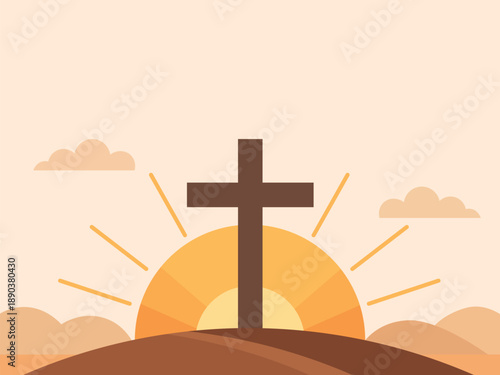 Christian Cross with Sunrise, Minimalist Easter Illustration