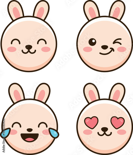 Cute Bunny Face Expressions Set, Kawaii Rabbit Emotions