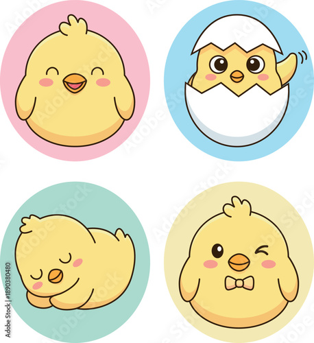 Cute Easter Chick Icons Set, Kawaii Spring Characters
