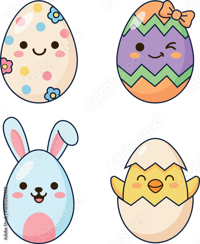 Cute Easter Characters Set with Eggs, Bunny and Chick