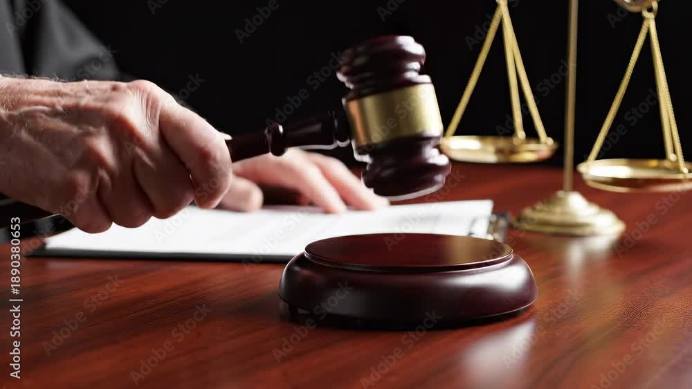 custom made wallpaper toronto digitalJudge hands striking wooden gavel on sound block with scales of justice and legal documents at desk. For law firm marketing, legal services, courtroom videos & professional justice visuals.