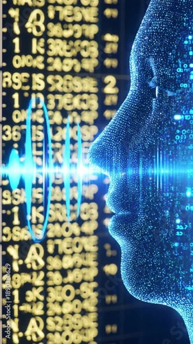 Voice biometrics authentication AI. Security privacy. Identity data. Recognition sound. Artistic depiction of voice biometrics in cybersecurity
