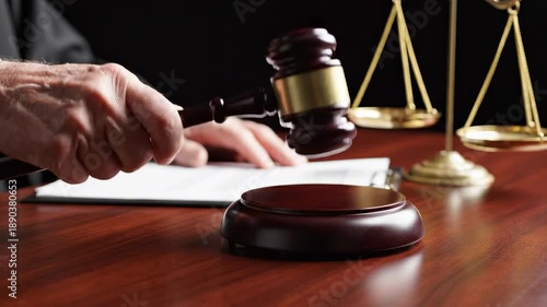 Wallpaper Mural Judge hands striking wooden gavel on sound block with scales of justice and legal documents at desk. For law firm marketing, legal services, courtroom videos & professional justice visuals. Torontodigital.ca