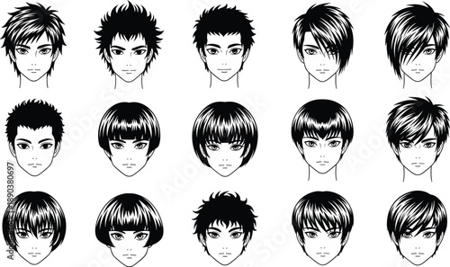 Anime male hairstyle icon set with short, spiky and layered haircuts, manga character faces, modern youth styles, black and white vector illustration