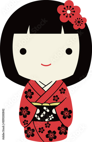 Traditional Japanese kokeshi doll character wearing a red floral kimono with black hair and cherry blossom accessories in a cute flat style