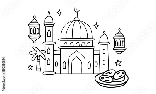 Illustrated mosque with traditional elements isolated on white background, Vector