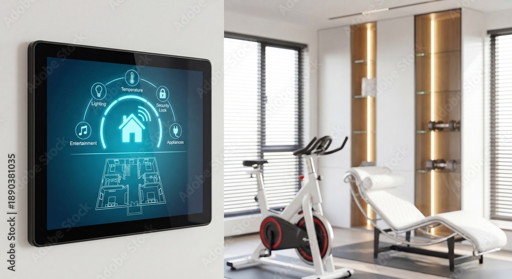 Naklejka premium Smart Home Control Panel with Home Gym Background - IoT Automation Technology Concept 