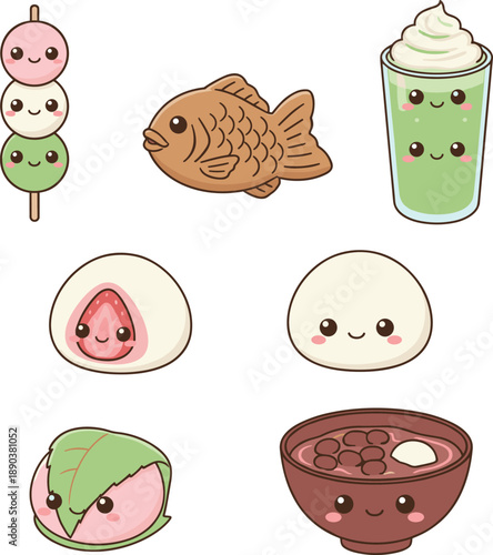Traditional Japanese dessert wagashi set including dango taiyaki matcha mochi and red bean soup with cute smiling faces in authentic colors