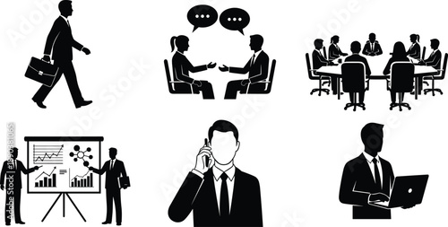 Business professional silhouettes depicting walking executive, interview discussion, board meeting, presentation, phone call, laptop work, teamwork, 