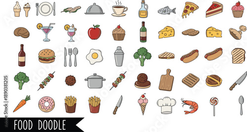 Hand Drawn Food Doodle Set of Culinary Icons Featuring Pizza Burgers Hot Dogs Ice Cream Coffee Fruit Vegetables and Kitchen Utensils for Restaurant Menus and Cooking Blogs