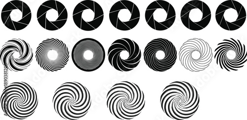 Camera shutter aperture icons set in black and white style, photography lens diaphragm symbols, abstract spiral vector illustration collection