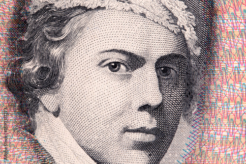 Foto Jens Juel's a closeup portrait from Danish money