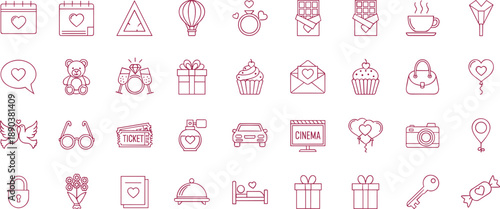 Valentine’s Day icon set with pink outline hearts, gifts, chocolates, balloons, and romantic symbols in flat vector style for love and celebration themes.