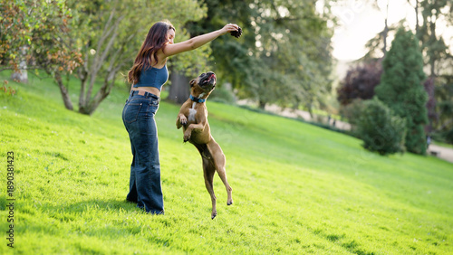 Foto Woman playing fetch with her dog in a sunny park, the boxer dog actively jumping
