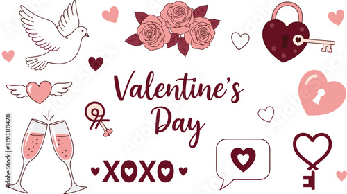 Valentine’s Day illustration with dove, roses, hearts, padlock, champagne glasses, and romantic symbols in flat vector style for love and celebration.