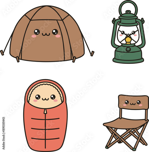 Set of cute camping gear characters, kawaii tent, lantern, sleeping bag and folding chair mascots, flat vector illustration isolated on white.